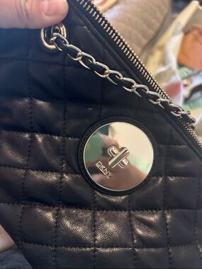 DKNY Black Quilted Leather Shoulder Bag with Silver Chain